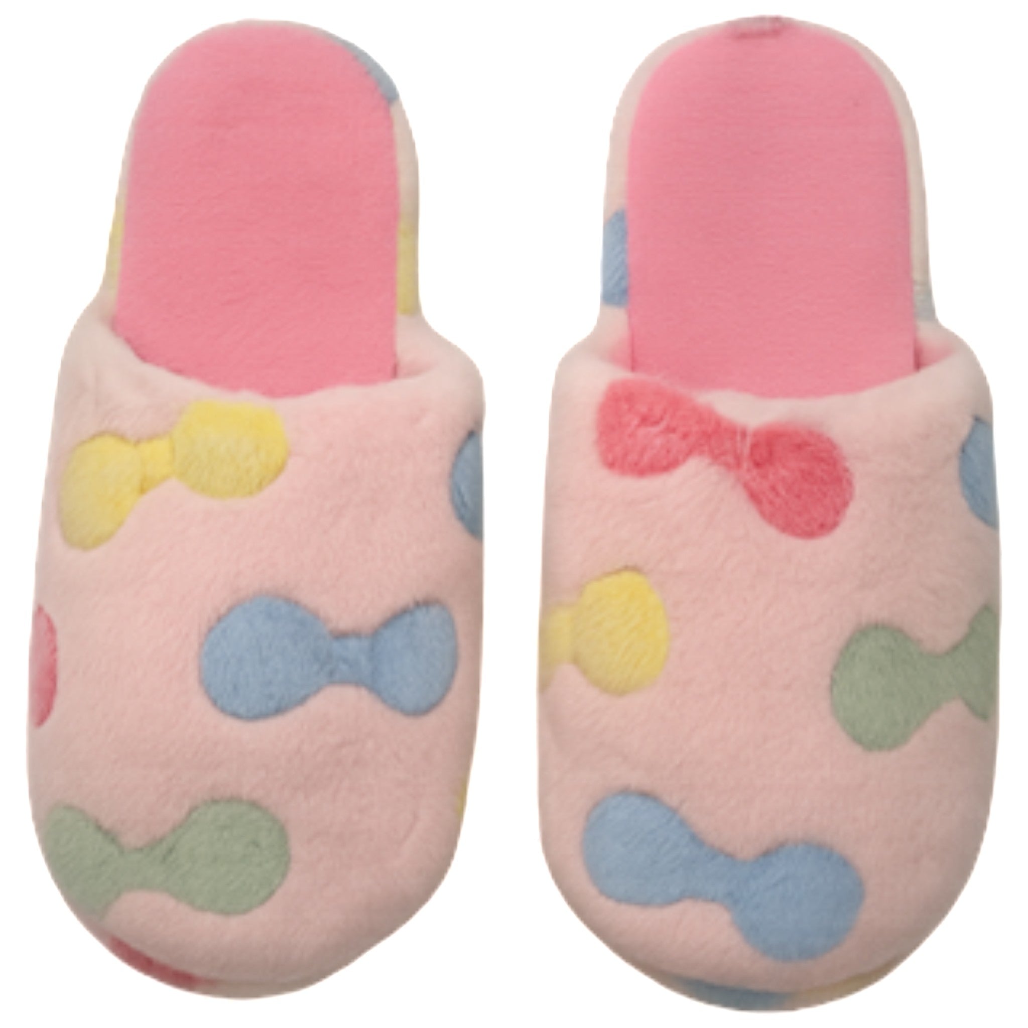 Ladies bow print slippers with pastel multicolour design, soft plush fabric, and slip-on indoor style for warmth and comfort.